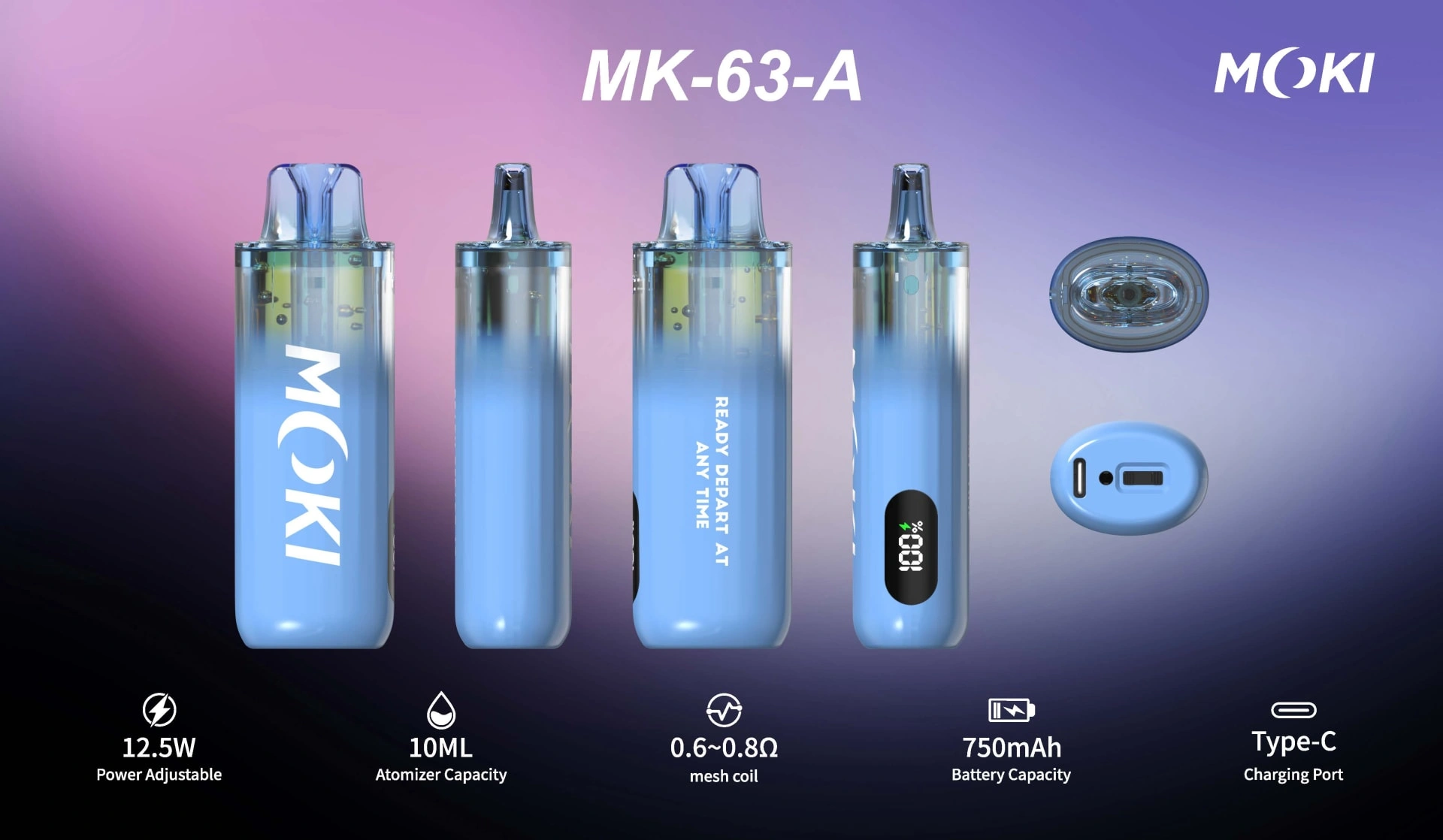 MOKI MK-M63 Vape: 12000 Puffs, 12.5W Power & Transparent E-Liquid Tank | Ceramic Coil Technology