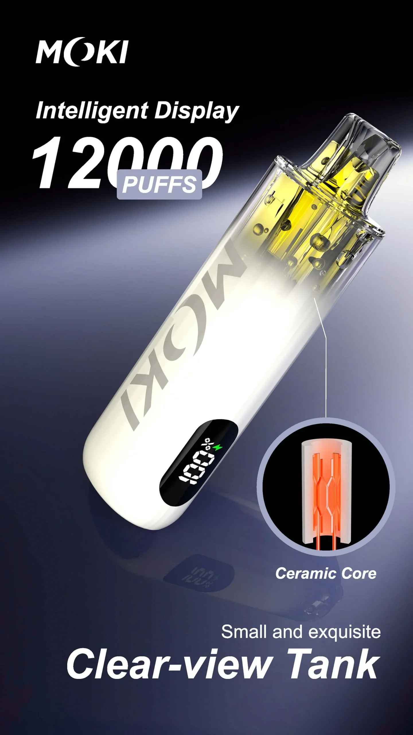 MOKI MK-M63 Vape: 12000 Puffs, 12.5W Power & Transparent E-Liquid Tank | Ceramic Coil Technology